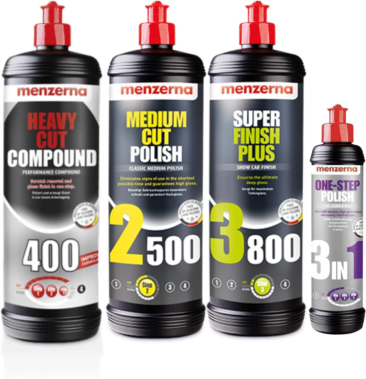 Menzerna Super 1L kit of 3800, Medium 2500, and Heavy 400 Polishing Compound Kit with 3 in 1 - 250ml